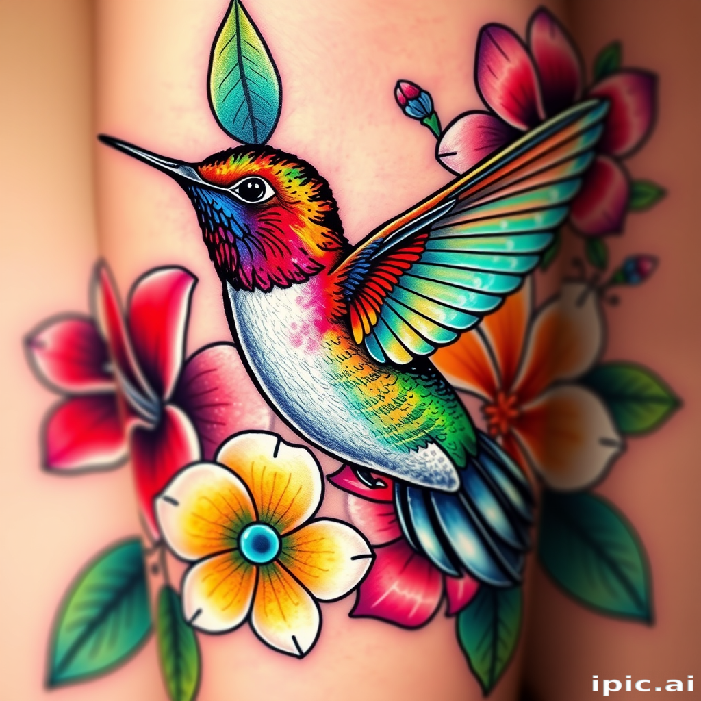 Colorful realism tattoo "Nature's Palette" portraying a vivid hummingbird in flight, surrounded by exotic flowers in a spectrum of lifelike colors and photorealistic detail