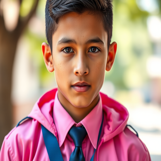 Generate a portrait of a young male wearing a pink uniform with a blue tie, sharp focus, natural lighting, shallow depth of field, using a DSLR camera with a 50mm lens at f/1.8, ISO 100, 1/200s, capturing a soft bokeh background.