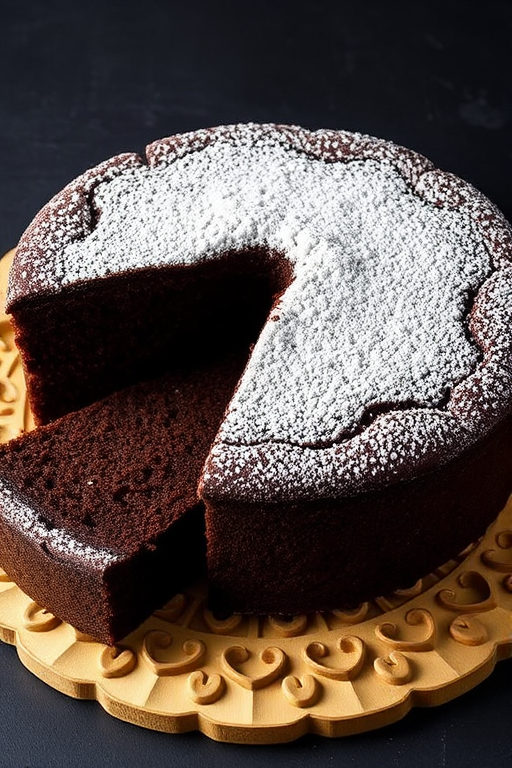 A freshly baked chocolate cake with a slice cut out, topped with powdered sugar, placed on a decorative cake board, with a dark textured background.