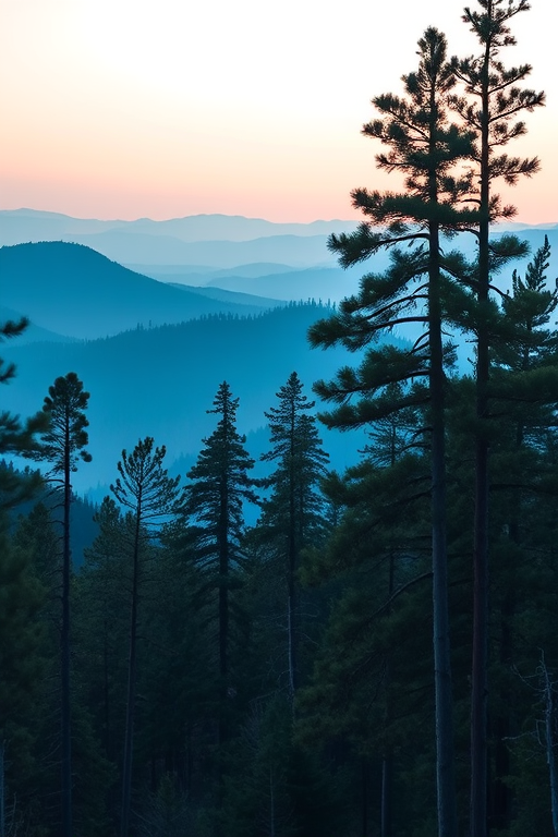 create a serene forest landscape at dawn with layered blue mountains in the background, tall pine trees in the foreground, soft diffused lighting, camera type: DSLR, lens: 50mm, aperture: f/8, shutter speed: 1/200s, ISO: 100, wide-angle view to capture depth and detail