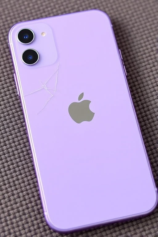 The image is a high-resolution photograph of an Apple iPhone, showing the Apple logo centered at the back. The phone's screen is cracked; the crack starts from the top left corner and extends diagonally towards the bottom right, and the back panel is slightly curved, giving it a sleek and modern look., glossy lavender color, textured surface. The phone is a modern, specifically a model with a glossy, likely a couch or a similar piece of furniture. The iPhone's body is a vibrant