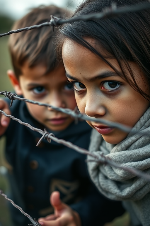 Capture a candid moment of a young boy and a woman looking through a barbed wire fence, shot with a 50mm lens at f/1.8, ISO 400, shutter speed 1/200s, natural light, and a shallow depth of field to emphasize their expressions while softening the background.