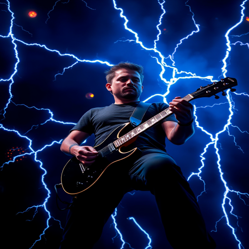Create a high-contrast image of a rock guitarist surrounded by dynamic blue lightning effects, using a Canon EOS R5 camera, 24mm lens, f/2.8 aperture, 1/500 shutter speed, ISO 100, with a low-angle view and dramatic lighting to enhance image quality.
