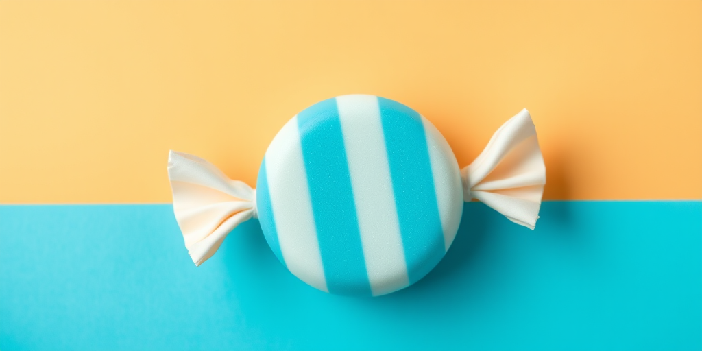 Generate a high-resolution illustration of a blue and light blue striped candy, using a DSLR camera with a 50mm lens, f/2.8 aperture, ISO 100, in a top-down view with soft lighting and a shallow depth of field for enhanced image quality.
