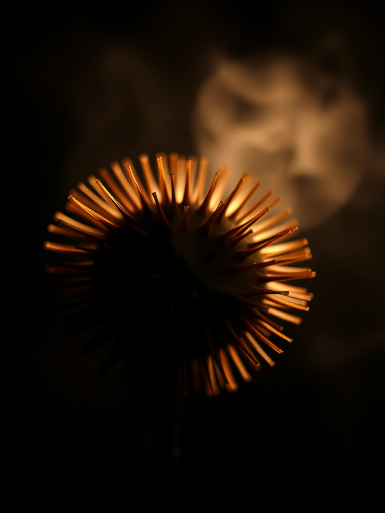 macro shot of a spiky orb with dramatic lighting and texture in a dark, misty background, aperture f/2.8, shutter speed 1/125s, ISO 100, 50mm lens, focus on foreground, soft bokeh effect, high dynamic range imaging