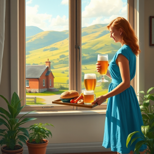 In "A Glass of Beer on the Highland," a serene scene is depicted in a sunlit room where a woman in a vibrant blue dress stands by a large window. She holds a tray with a hearty meal and a frothy glass of beer, embodying a moment of relaxation. Outside, the breathtaking highland landscape features rolling green hills and a charming traditional house, all bathed in warm afternoon light. The interior is adorned with potted plants, creating a harmonious blend of comfort and nature. The painting beautifully captures the tranquility and joy found in simple pleasures amidst stunning scenery