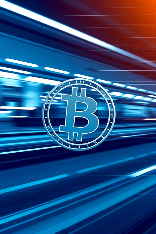 Create a high-resolution digital illustration of a Bitcoin symbol set against a modern, dynamic background with motion lines conveying speed, using a Canon EOS R5 with a 50mm f/1.2 lens, f/8 aperture, ISO 100, and a 1/100s shutter speed.