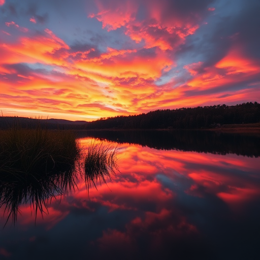 Generate a high-resolution image of a serene landscape with a vibrant sunset sky reflecting in a calm lake, captured with a Canon EOS R5, 24mm f/1.4 lens, ISO 100, aperture f/11, shutter speed 1/60 sec, in a wide-angle view to enhance depth and detail.