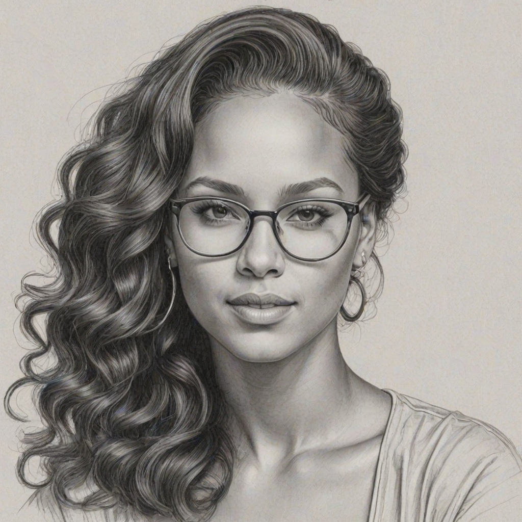 Exquisite Alicia Keys, pencil sketch, portrait of Lovely woman 1939s in glasses, hair style beatnik, outline, clear lines, fine lines, 8k
