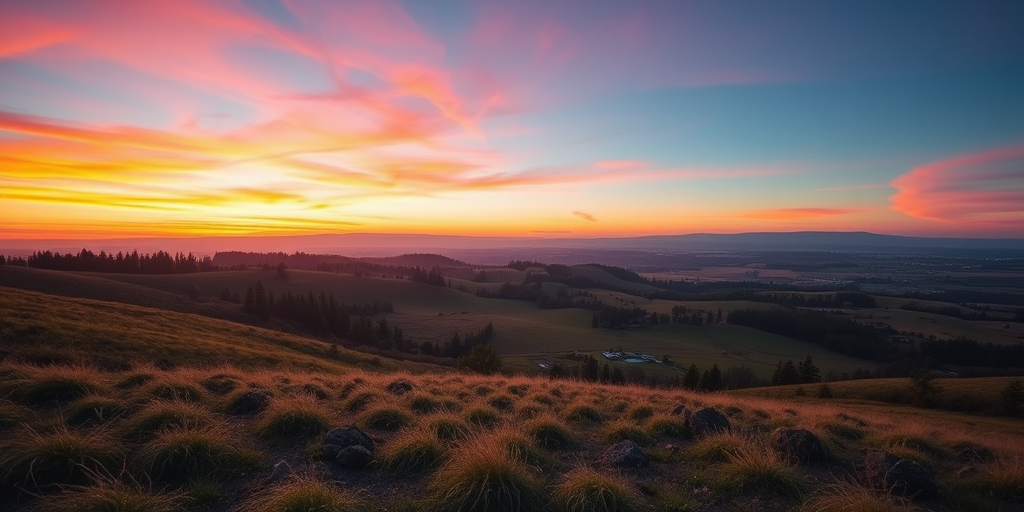 Generate a high-resolution image of a serene landscape during sunrise with vibrant colors, captured with a Canon EOS R5, 24mm lens, f/11 aperture, ISO 100, and a 1/60 sec shutter speed, using a wide-angle view to capture the full breadth of the scene.