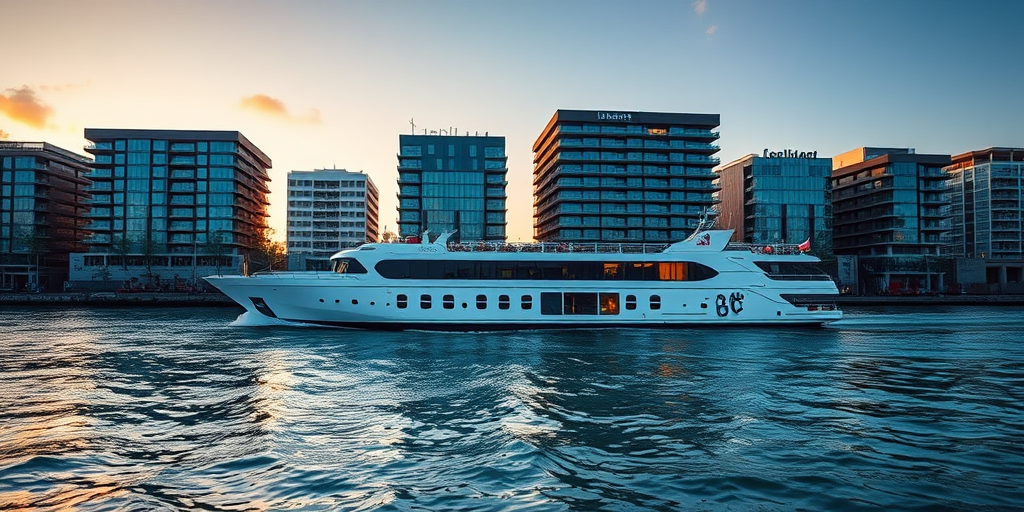 Regenerate the image of a river cruise ship sailing past modern buildings along the riverside during sunset, using a DSLR camera with a 50mm lens, aperture set to f/8, ISO 100, shutter speed of 1/250 sec, shot from a low angle to capture reflections in the water and enhance dynamic range.