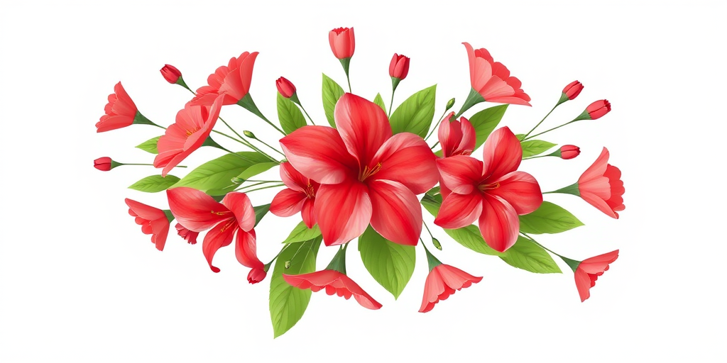 Create a vector illustration of a bouquet of red flowers with green leaves on a light blue background, using a high-resolution digital camera at f/2.8 aperture, 35mm lens, ISO 100, with a soft-focus effect to enhance colors and details.