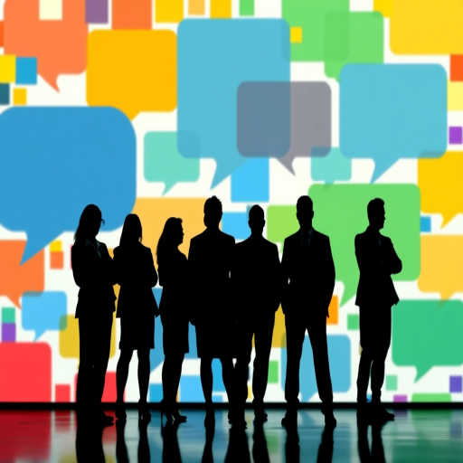 silhouette of a group of people in business attire against a colorful pixelated speech bubble background, camera settings: f/8 aperture, 1/60s shutter speed, ISO 200, camera view: wide angle, camera style: abstract, camera type: digital SLR
