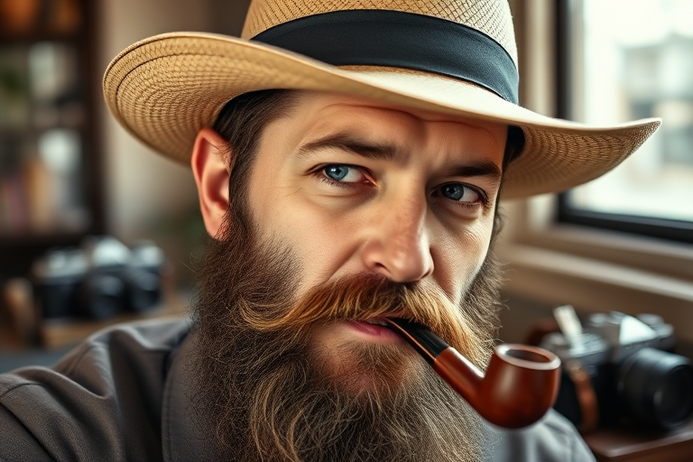 Regenerate a portrait of a bearded man wearing a panama hat and smoking a pipe, with a vintage camera in the background; use a 50mm lens at f/1.8, ISO 100, and natural light to enhance image quality; shoot from a 45-degree angle for a dynamic view.