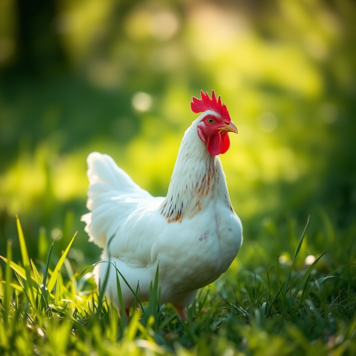 Regenerate an image of a white and brown chicken walking in green grass under natural sunlight, shot with a DSLR camera at f/2.8, ISO 200, 50mm lens, with a shallow depth of field and soft background blur for enhanced clarity.