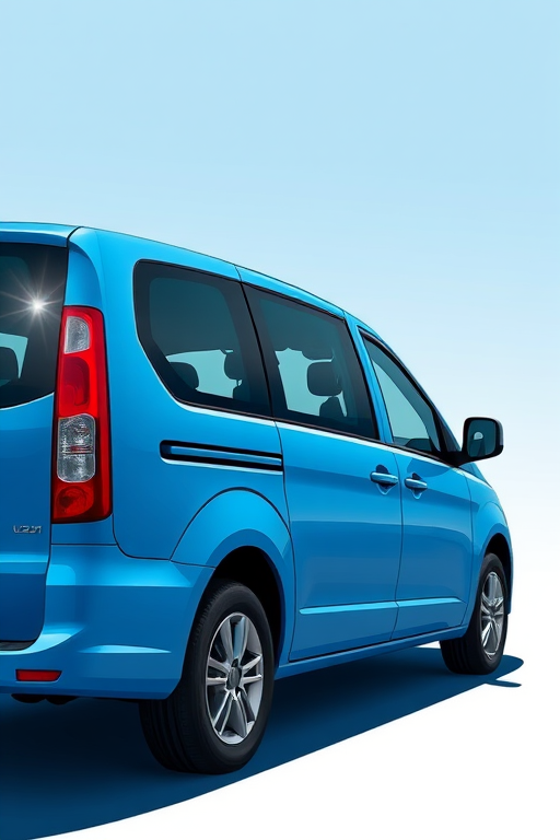create a digital illustration of a blue minivan viewed from the side, use high resolution, 1080p, with a soft focus effect to enhance depth, apply a slight shadow for realism, using a 50mm lens, f/2.8 aperture, and natural daylight setting