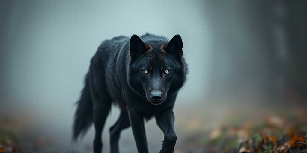 Create an image of a black wolf with piercing blue eyes walking towards the viewer in a misty environment, using a Canon EOS R5 with a 50mm lens, f/1.8 aperture, ISO 100, and a shallow depth of field to emphasize the wolf, captured in low light to enhance the dramatic effect.