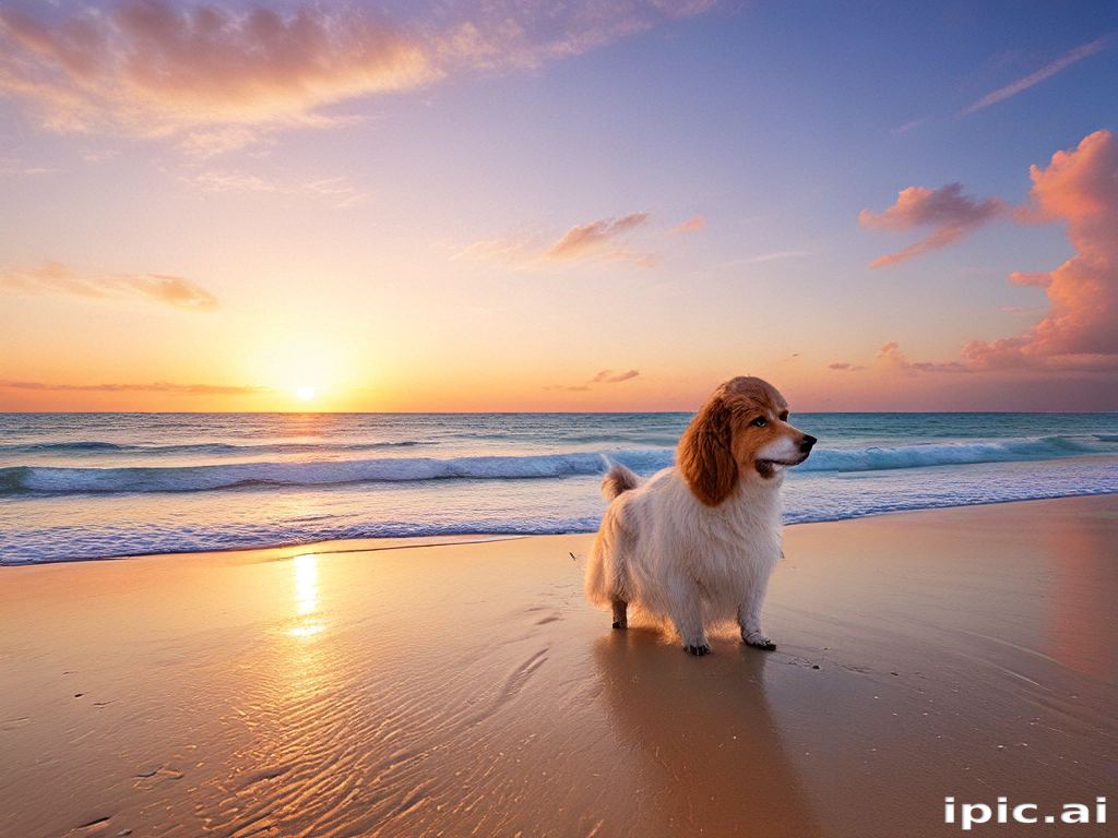 A Playful Dog Enjoying a Beautiful Sunset on the Beach Shoreline.