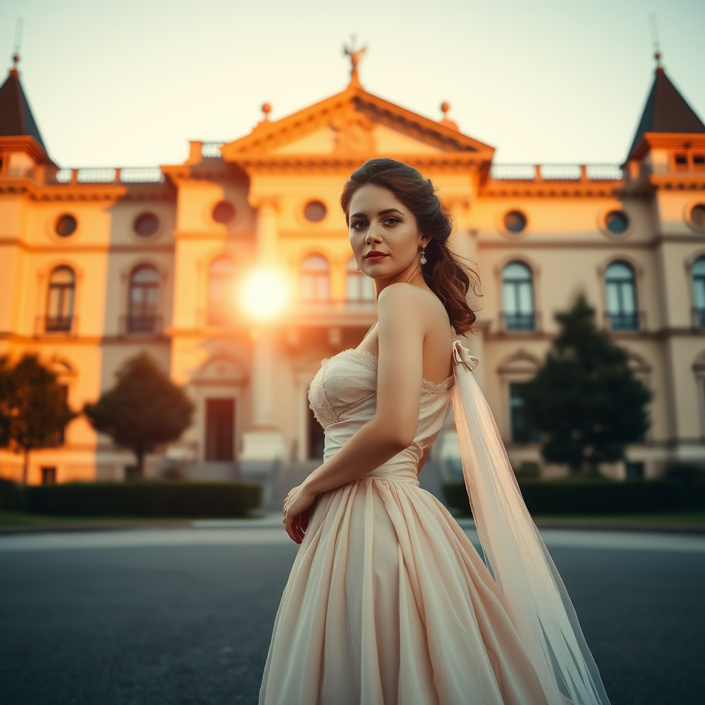 An elegant woman, dressed in a vintage gown, stands in front of a grand, historic building. The setting sun casts a warm, golden light on her