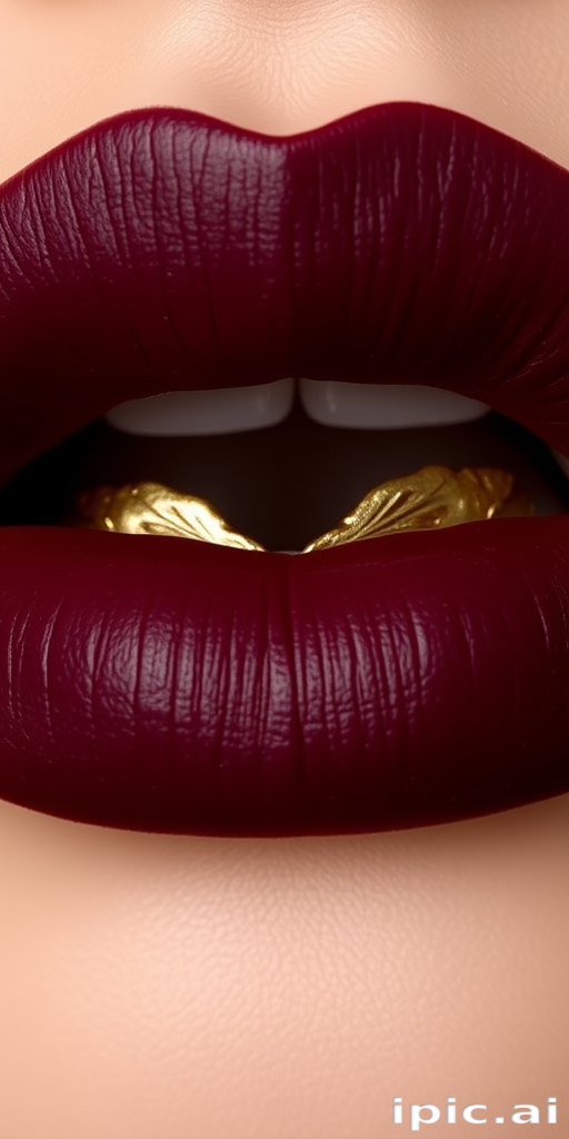 Matte burgundy lips with a velvety texture, named "Midnight Wine," showcasing intricate gold leaf accents along the cupid's bow for added drama