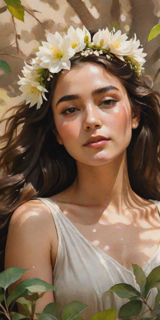 create a watercolor painting of an ethereal portrait of beautiful Tajik woman with a simple white flower crown on her head. Her hair is long and she is lying on the ground. The sunlight on the trees casts shadows from the leaves on her face and body. The background is a neutral brown color that matches her skin tone. The image is minimalist and solid colors. This style is characterized by soft, delicate brushstrokes and a light, airy, contrasting color palette. High level of detail and play of light