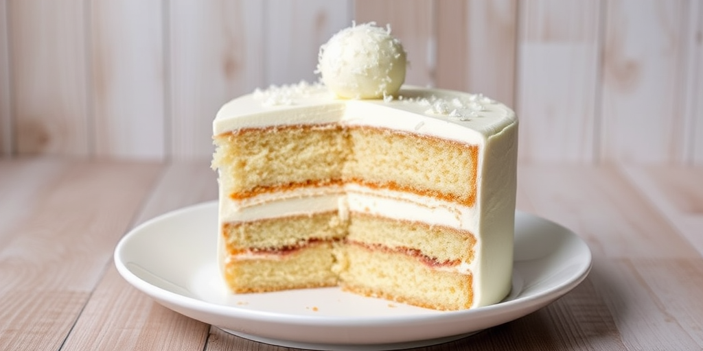 A beautifully layered white cake with creamy frosting topped with a coconut ball, served on a white plate with a wooden background, showcasing the cake's texture and details.