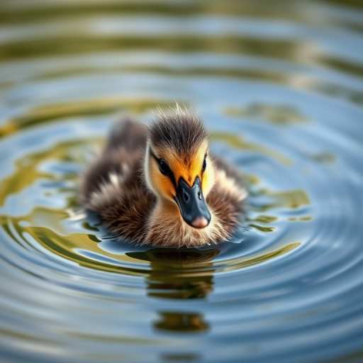 a close-up of a duckling swimming in a rippling pond, natural light, soft focus, Nikon D850, 85mm f/1.4 lens, ISO 100, aperture f/2.8, shutter speed 1/500s