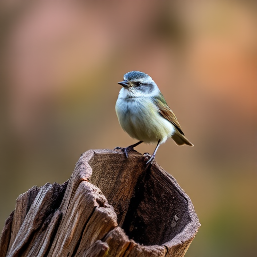 A small bird perched on a weathered log, soft bokeh background, natural light, f/4 aperture, 1/200 sec shutter speed, ISO 400, macro lens, DSLR camera.