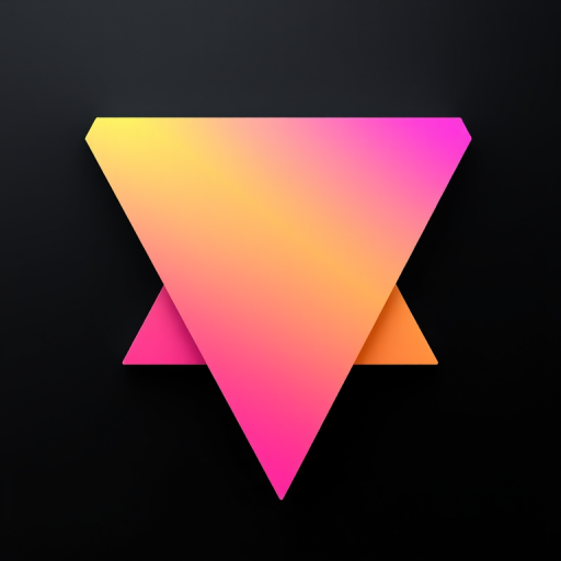 Create a high-resolution 3D triangular shape with a gradient color scheme transitioning from pink to yellow, set against a smooth black background, shot with a Canon EOS R5 at f/2.8, ISO 100, 24mm lens in portrait mode for a professional finish.