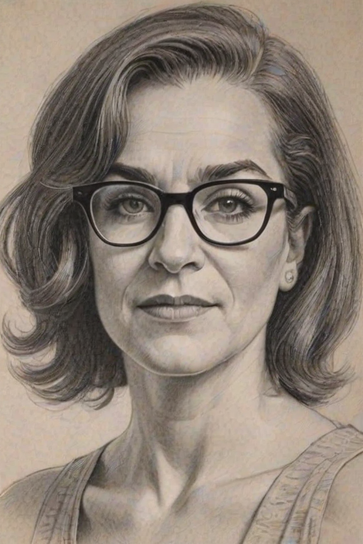 Comely Mandy Patinkin, pencil sketch, portrait of Ravishing woman 1923s in glasses, hair style beatnik, outline, clear lines, fine lines, 8k