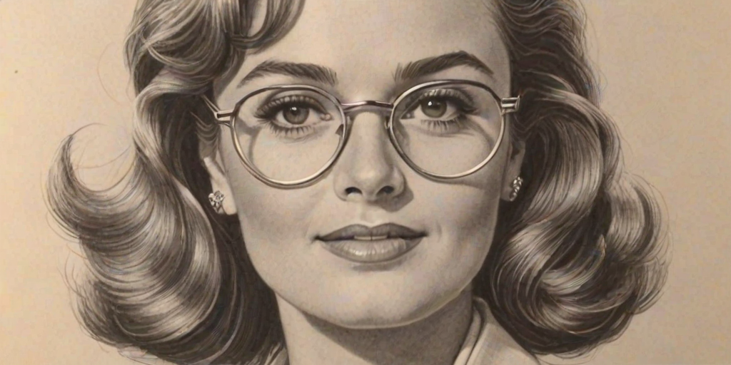 Fascinating Donna Reed, pencil sketch, portrait of Dazzling woman 1978s in glasses, hair style beatnik, outline, clear lines, fine lines, 8k