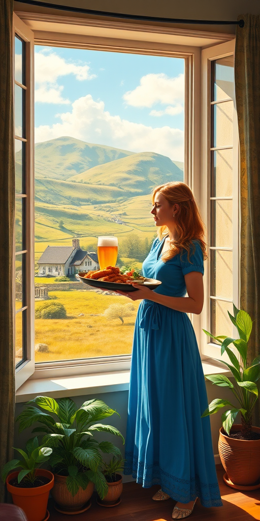 In "A Glass of Beer on the Highland," a serene scene is depicted in a sunlit room where a woman in a vibrant blue dress stands by a large window. She holds a tray with a hearty meal and a frothy glass of beer, embodying a moment of relaxation. Outside, the breathtaking highland landscape features rolling green hills and a charming traditional house, all bathed in warm afternoon light. The interior is adorned with potted plants, creating a harmonious blend of comfort and nature. The painting beautifully captures the tranquility and joy found in simple pleasures amidst stunning scenery