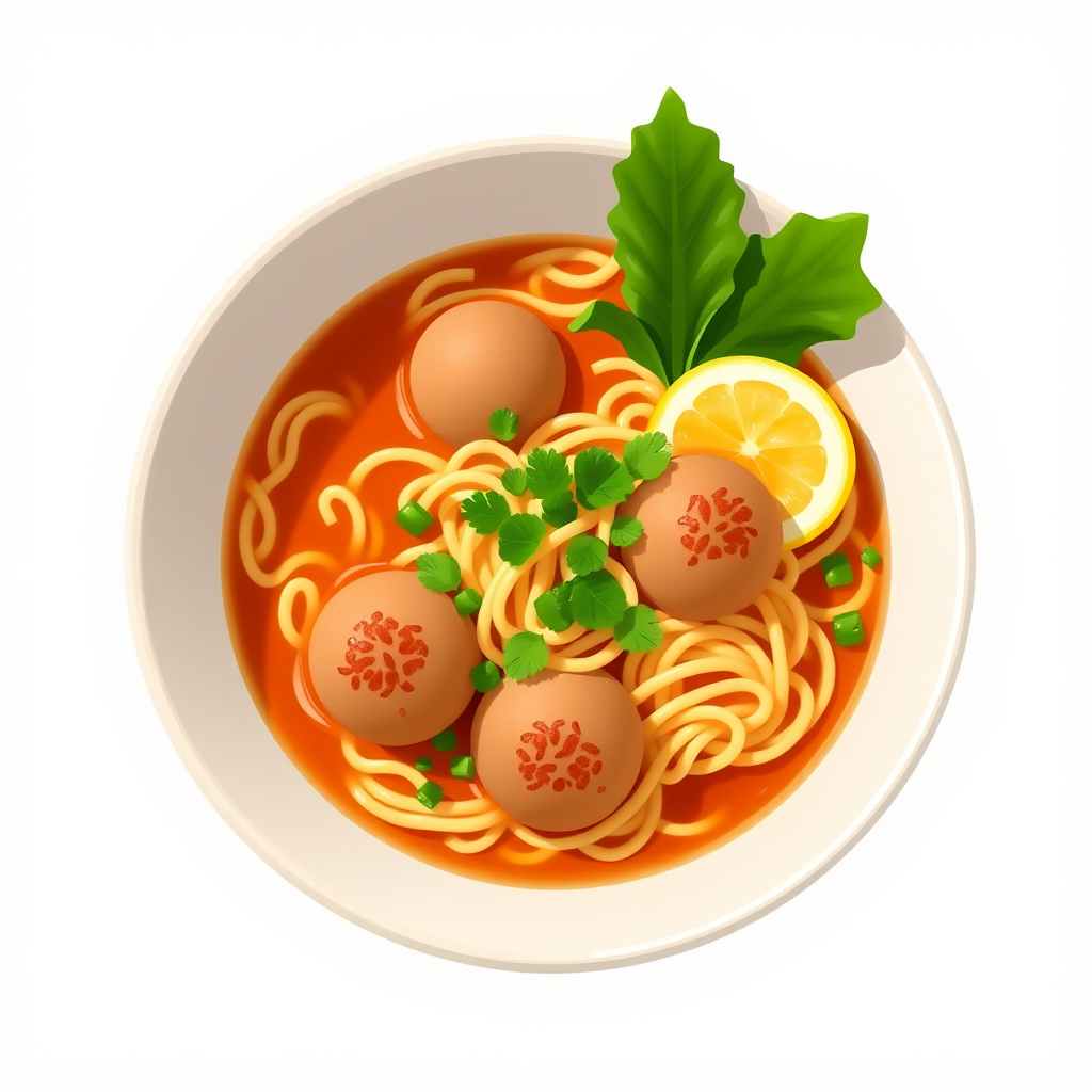 Create a vibrant illustration of a bowl of noodle soup with meatballs, fresh greens, and a slice of lemon, using a DSLR camera with a 50mm lens, f/1.8 aperture, ISO 100, capturing a top-down view with natural lighting for enhanced color and detail.