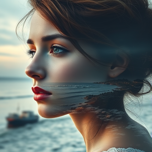 this picture is Book cover, A surreal double exposure portrait that blends a woman's face with a beautiful seascape. The overall mood is dreamy and mystical, with rich colors and intricate details