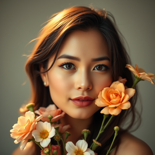 Portrait of a woman with flowers, soft lighting, warm color palette, aperture f/2.8, shutter speed 1/60s, ISO 100, 85mm lens, shallow depth of field, studio lighting setup, high-resolution image.