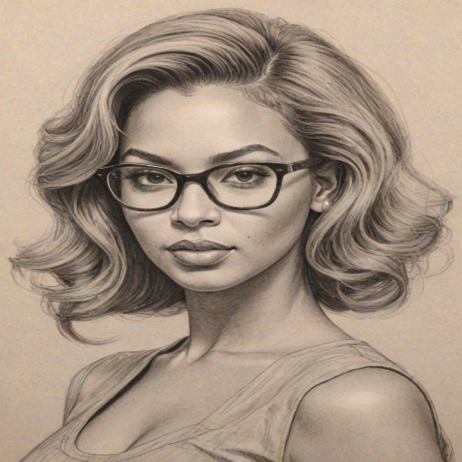 Radiant Beyonc' Knowles, pencil sketch, portrait of Comely woman 1956s in glasses, hair style beatnik, outline, clear lines, fine lines, 8k
