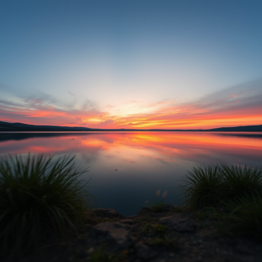 Generate a high-resolution image of a serene landscape featuring a sunset over a calm lake, with vibrant colors reflecting on the water, shot using a Canon EOS R5 at f/8, ISO 100, 1/200 sec, with a wide-angle lens from a low perspective to capture depth.