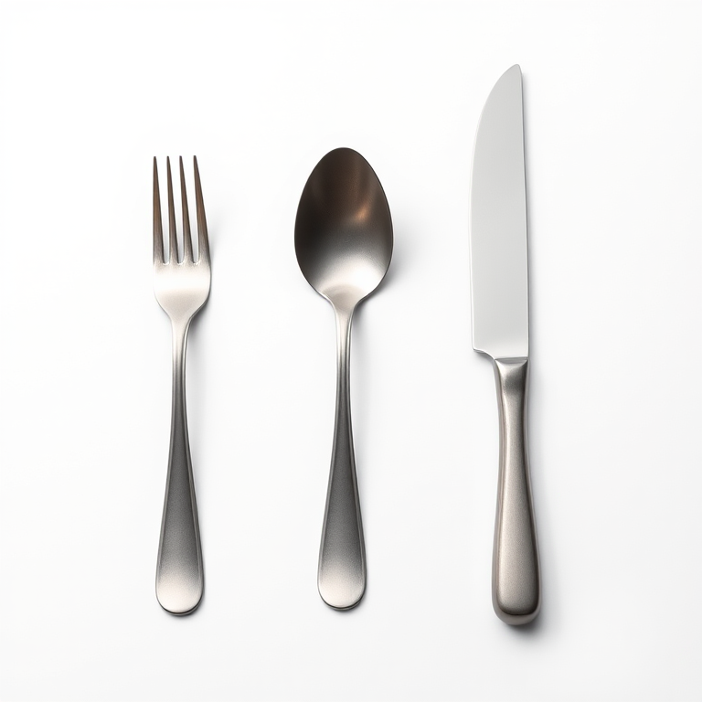 Generate a high-resolution image of a fork, spoon, and knife arranged vertically on a white background, using a DSLR camera with a 50mm lens at f/2.8, ISO 100, and a soft natural light setup to enhance shadows and details.