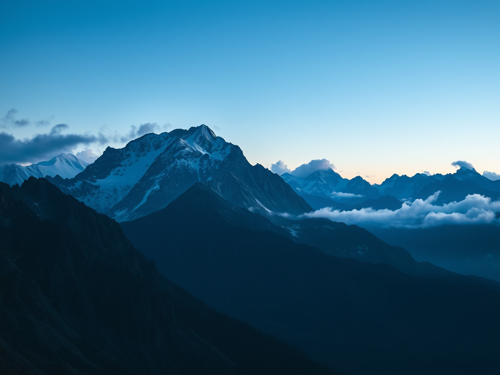 Generate a digital artwork of a mountain landscape at night with shades of blue, featuring sharp mountain peaks and soft clouds, captured with a Canon EOS 5D Mark IV, using a 24mm f/1.4 lens, aperture set to f/8, ISO 100, in landscape orientation for high detail.