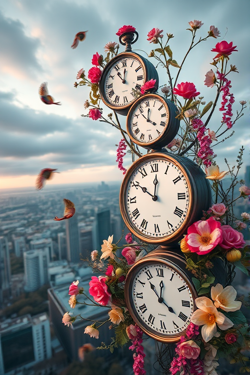 Create a surreal artwork of clocks intertwined with floral designs and a city skyline in the background, using a Canon EOS R5, 50mm f/1.2 lens, aperture f/2.8, ISO 100, long exposure to capture motion blur, top-down view for a dynamic perspective, vibrant colors with high contrast to enhance details.