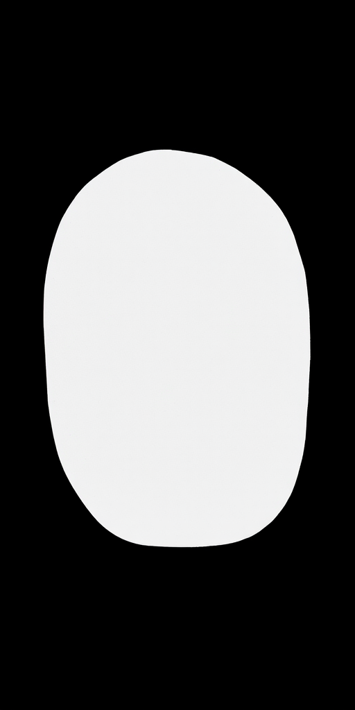 Generate a high-contrast minimalist black and white image featuring a central white shape on a black background with a Canon EOS R camera, 50mm lens, aperture f/1.8, ISO 100, shutter speed 1/200s, shot in portrait mode and soft natural lighting.