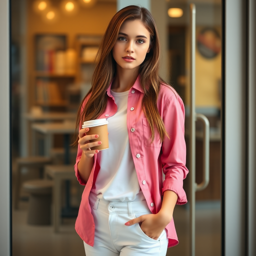 A young woman with long brown hair stands with her back against a glass door, wearing a pink button-down shirt over a white T-shirt and white pants, holding a cup of coffee in her right hand. The woman is looking directly at the viewer, her expression is neutral. Her right hand is tucked into the pocket of her pants while her left hand holds the coffee cup. The lighting is soft and natural, highlighting her features. The background is blurred, with the focus on the woman. The photo is taken from a slightly elevated perspective, showcasing the woman's full figure.