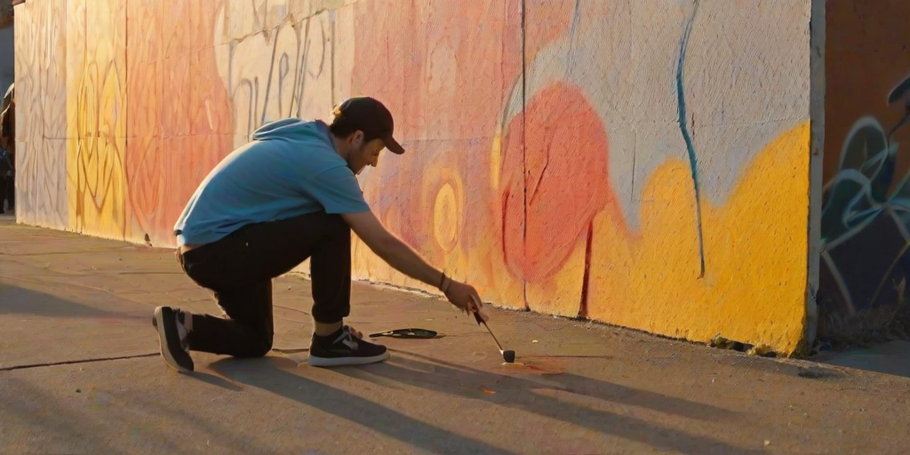 Blurry candid shot of a street artist spray-painting a mural on a large wall, vibrant colors blending together, with soft golden light from a nearby sunset casting long shadows on the ground.