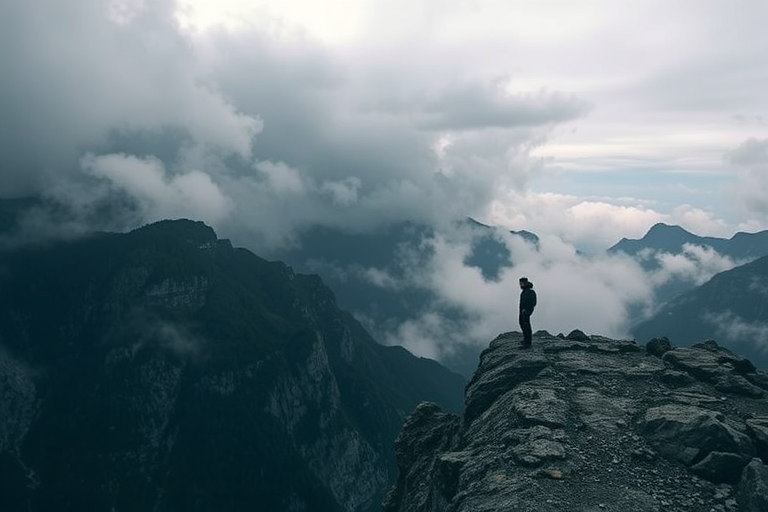 moody landscape with dramatic mountains, misty atmosphere, person standing on rocky cliff, low angle view, wide-angle lens, f/8 aperture, ISO 100, 1/200 sec shutter speed, soft natural lighting, high dynamic range imaging, DSLR camera
