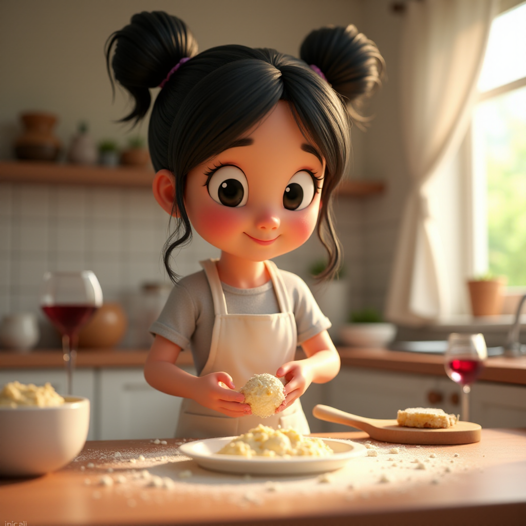 A Pixar-style CGI girl with black hair and black eyes wearing a white apron with lace stands in a kitchen and kneads cake batter. There is flour dust in the air, a glass of wine on the table and the cake ingredients are scattered around. 3D, with "ipic ai" at the back