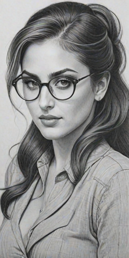 Wonderful Cassie Scerbo, pencil sketch, portrait of Enticing woman 1945s in glasses, hair style beatnik, outline, clear lines, fine lines, 8k
