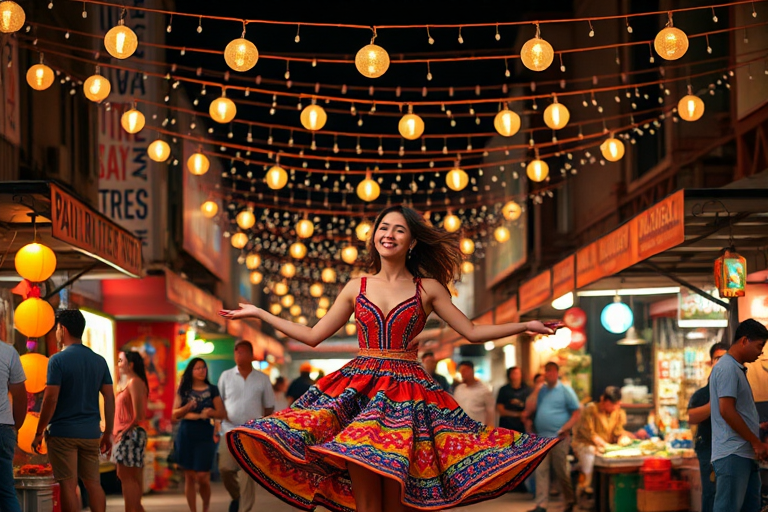 Vibrant festival at night, string lights hanging above crowded stalls, a woman in a colorful dress spins joyfully in the middle of the bustling market.