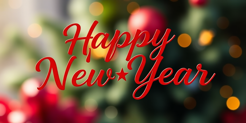 Create an image featuring the phrase Happy New Year in elegant red cursive script, with three small stars accenting the text, captured in a close-up view using a DSLR camera, aperture set to f/2.8 for a shallow depth of field, ISO 100 for optimal clarity, and natural lighting for a vibrant, festive appearance.