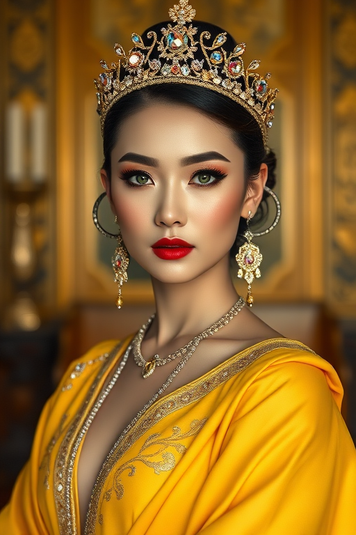 A gorgeous Tibetan woman in a luxurious Yellow gown, accessorized with a dazzling tiara and statement earrings, her deep green eyes highlighted by impeccable makeup, poised in a royal setting, photorealistic, 8K quality