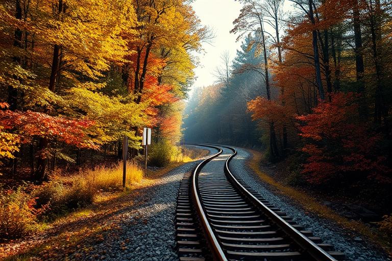 railway track curving through a colorful autumn forest with sunlight filtering through the trees, captured with a Canon EOS 5D Mark IV, f/8, ISO 100, 1/250s, wide angle lens, soft focus background for depth enhancement